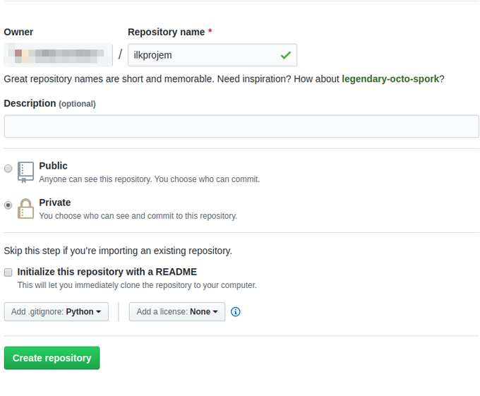 Github Proje Oluşturma