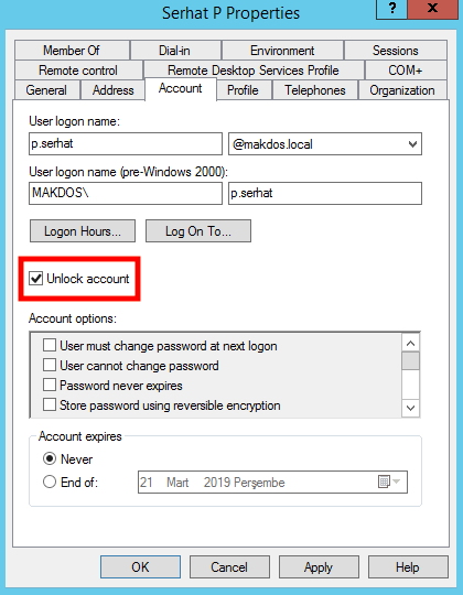 Active Directory de bloke olan hesabi tekrar acmak - 2