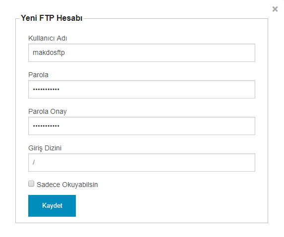 MaestroPanel FTP Kullanıcı Oluşturma Formu
