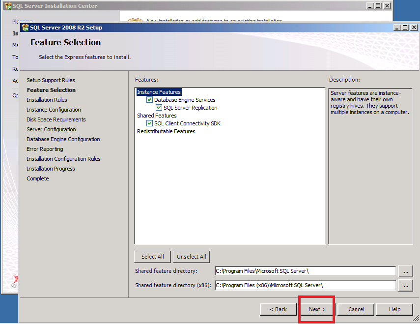 Feature-Selection-Instance-Features-sql-server-2008-r2-express-windows-server-2008