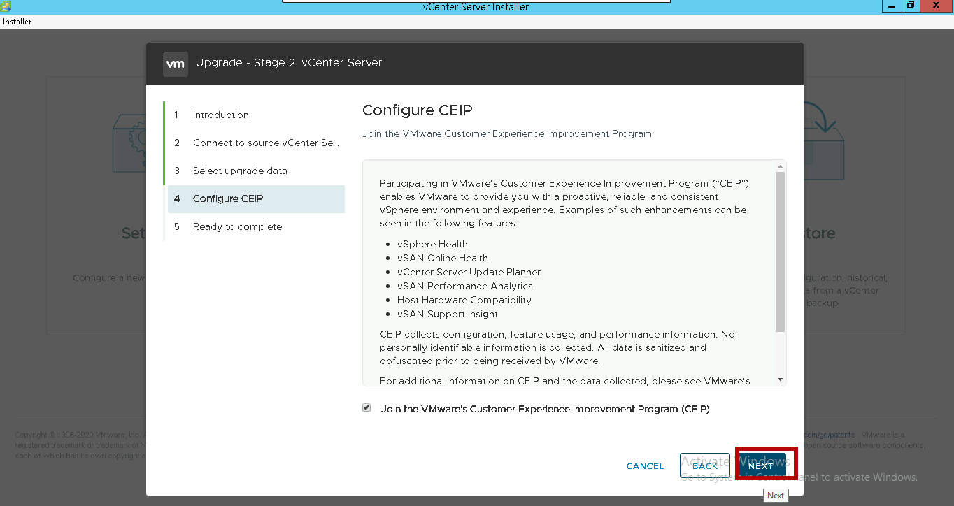 configure-ceip-upgrade-vcenter-7.0-stage-2