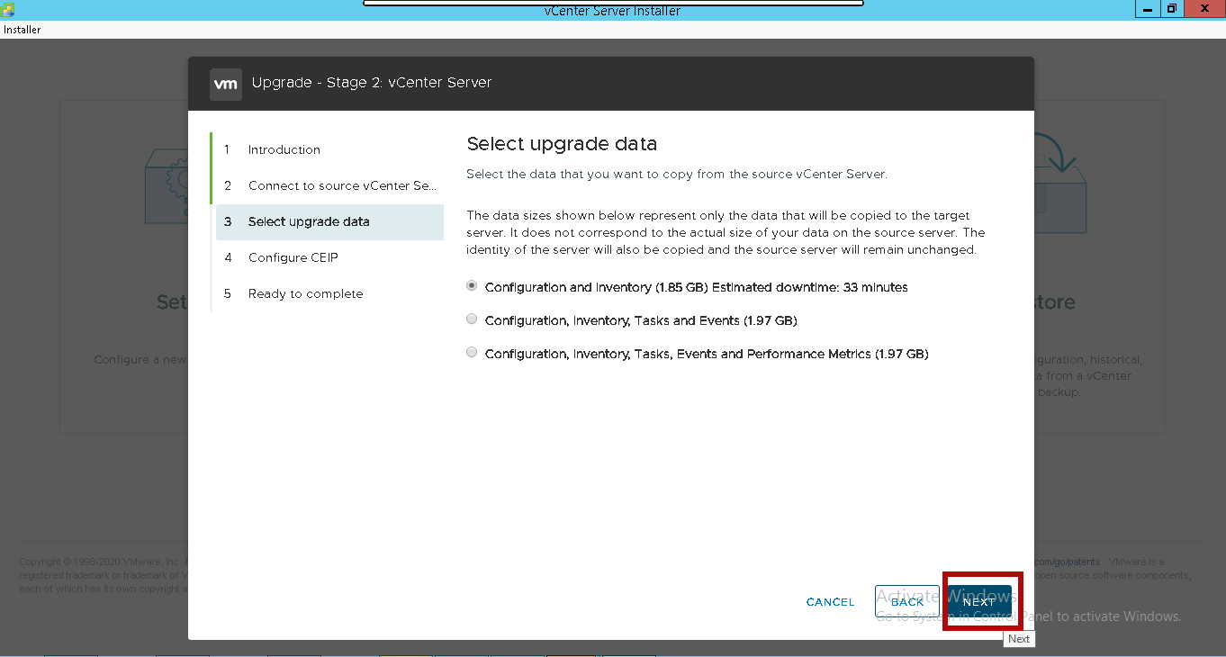 select-upgrade-data-upgrade-vcenter-7.0-stage-2
