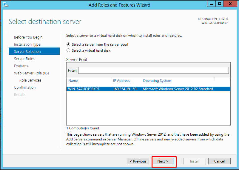 select-destination-server-add-role-and-feature-internet-information-services-windows-server-2012