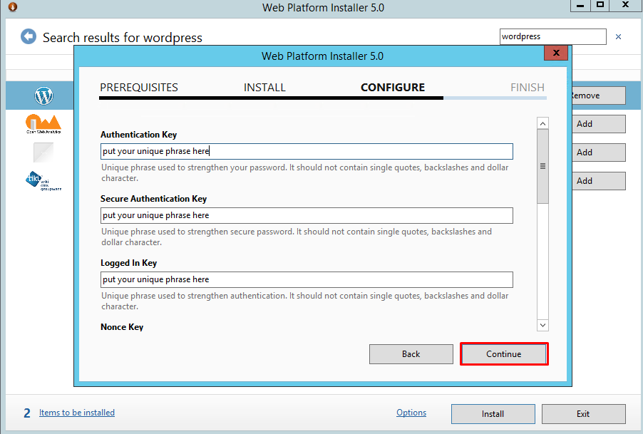 wordpress-web-platform-installer-5.0-configure-authentication-key