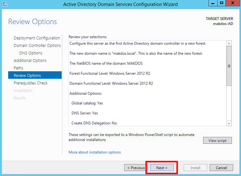 Windows Server 2102 R2 Active Directory Kurulumu - Review options