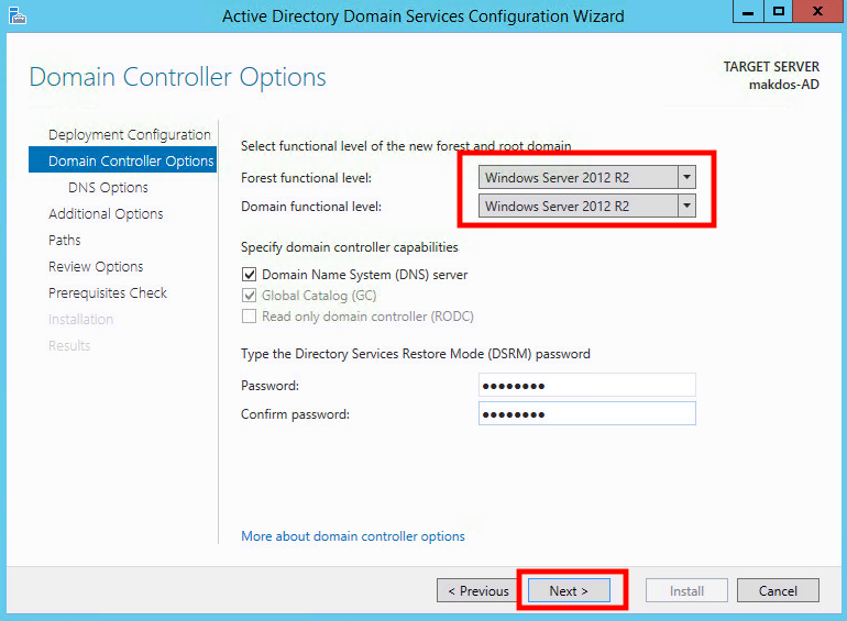 Windows Server 2102 R2 Active Directory Kurulumu - Domain controller options